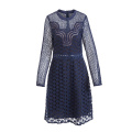 Spring Elegant Blue Embroidered Long Sleeve Star Pattern Women Dress
